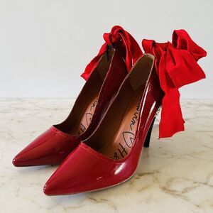 2010 LANVIN x H&M Red Patent Leather Ribbon Rhinestone Heel Pumps - EUR 37 /US 6